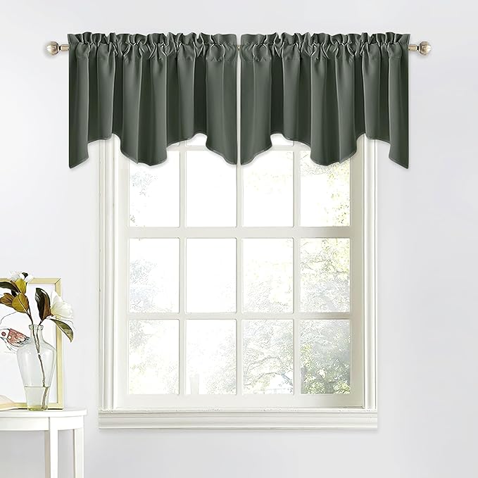 NICETOWN Small Valances for Living Room, Bathroom Window Topper Kitchen Valances for Small Windows, Scalloped Short Window Tiers for Christmas (52x18 Inch, Dark Mallard, 2 Panels)