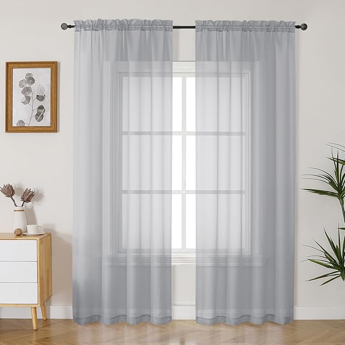 Gwine Light Grey Sheer Curtains 84 Inches Long 2 Panels Set for Living Room, Rod Pocket Voile Bedroom Curtains, Light Filtering Solid Window Sheer Panels, Each 42" Wx84 L