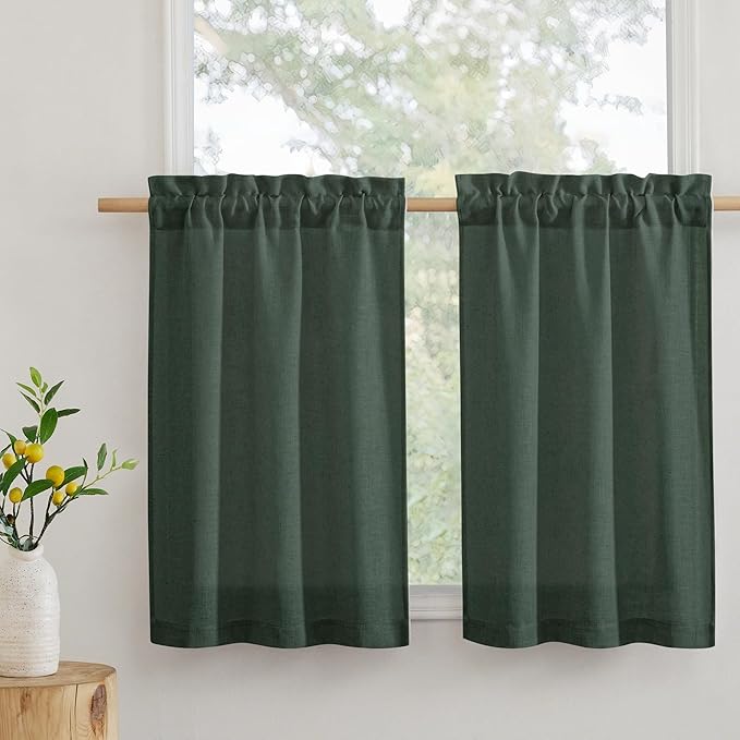 RYB HOME Cafe Curtains 24 inches Length, Linen Sheer Short Curtains for Small Window, Half Privacy Light Filetring Window Tier Valance for Kitchen Bathroom, W 26 x L 24, Olive Green, 2 Panels Set
