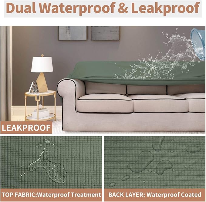 Easy-Going 100% Waterproof Oversized Chair Couch Cover, Dual Waterproof Sofa Cover, Stretch Jacquard Sofa Slipcover, Leakproof Furniture Protector for Kids, Pets, Grayish Green