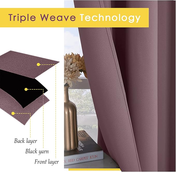 NICETOWN Thermal Insulated Curtains Blackout Draperies, Window Treatment Solid Grommet Room Darkening Drape Panels for Bedroom (Dry Rose, Set of 2, 70 by 63 inches Long)