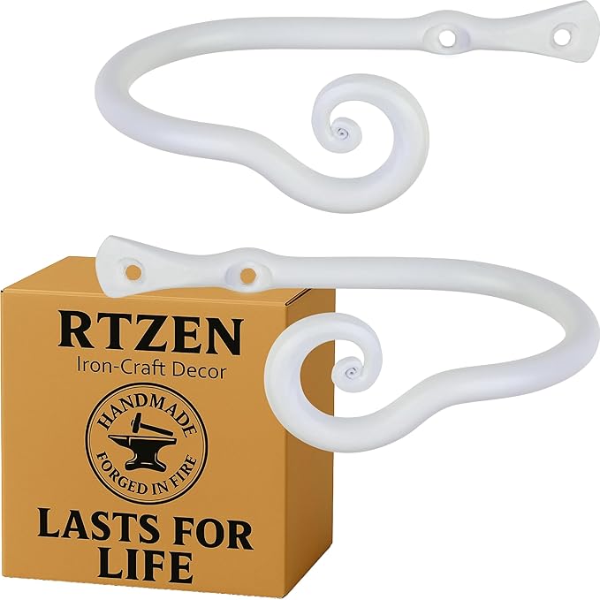 RTZEN Decorative Metal Curtain Tiebacks - Farmhouse Wrought Iron Curtain Holdbacks - Drapery Holders for Wall - Unique Metal Tie Backs for Curtains - 2 Pcs (White Classic)