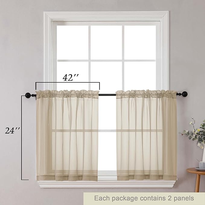 Kitchen Curtains 24 Inch Length Tier 2 Pieces, Taupe Sheer Curtain Solid Soft Sheer Short Curtains for Windows, Cafe Bathroom Basement Rod Pocket Drapes, Taupe, Each 42" Wx24 L Inches