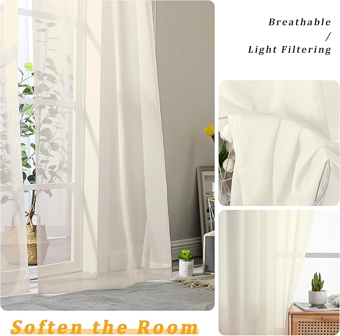 Gwine Cream Sheer Curtains 30 Inch Length, Short Light Filtering Voile Small Cafe Kitchen Curtains with Rod Pocket, Short Curtain for Bathroom Window, 42x30 Inch, 2PCS