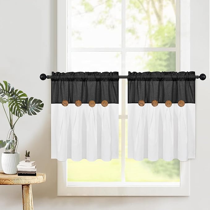 Boho Kitchen Curtains 24 Inch Length, Farmhouse Cotton Linen Tier Curtains, Rustic Button Short Curtain for Windows, Black Country Cafe Curtain, Rod Pocket Small Window Drapes for Kitchen, 26x24