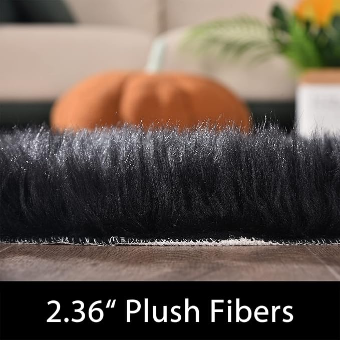 Latepis Shag Rug 6x9, Faux Fur Sheepskin Rug for Living Room, Fluffy Washable Rugs for Bedroom, Dorm, Luxury Room Decor, Black Fuzzy Rugs, Rectangle