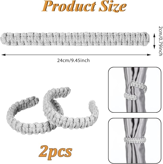 Ptwola 2 Pack Braided Curtain Tiebacks Boho Elegant Rustic Curtain Holdbacks Tie Backs Holders Set Simple Light Weight Drapes Decorative Accessories Handmade for Home Office Bedroom Window (2, Grey)