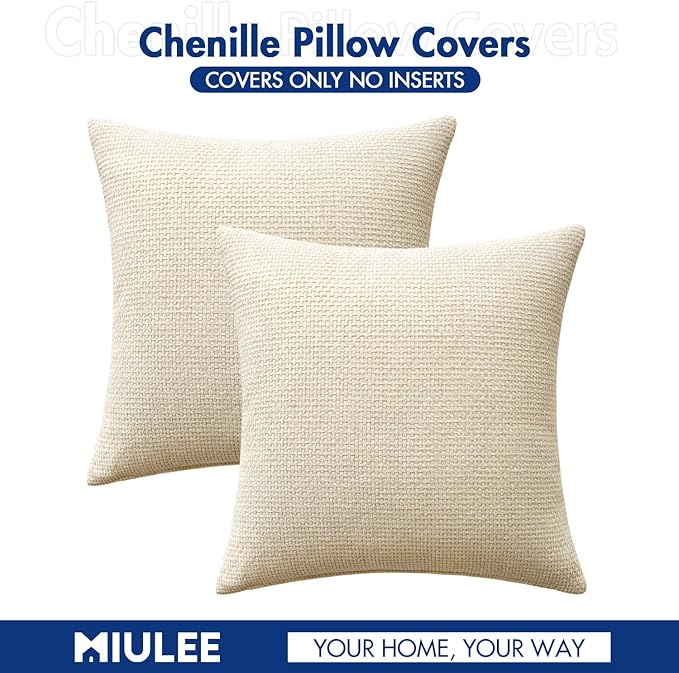 MIULEE Pack of 2 Couch Throw Pillow Covers 20x20 Inch Neutral Cream Modern Boho Accent Decorative Pillow Covers Soft Chenille Farmhouse Cushion Covers for Home Decor Bed Sofa Living Room