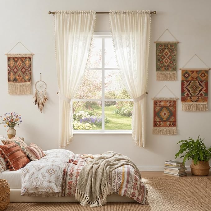 WAZZIO Boho Lace Curtains 2 Panels 54 Inches -Cute Vintage Victorian Sheer Panel Drape French Country Floral Pattern & Tassel Light Filtering Privacy for Bedroom Dining Living Room,Beige,W52x L54