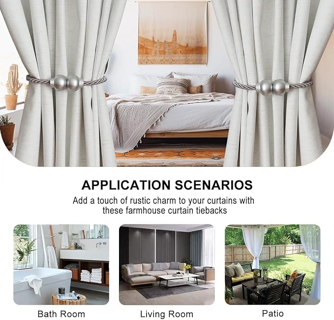 6 Pack Magnetic Curtain Tiebacks Modern Handmade Rope Curtain Tie Backs Decorative Drapes Weave Holdbacks for Home Outdoor Bedroom Office Decorative Curtain, Grey