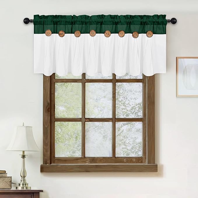 FRAMICS Farmhouse Valance Curtains, Boho Cotton Linen Kitchen Valance, Green Rustic Button Window Valances for Kitchen Bathroom, Country Rod Pocket Valances for Windows, Green and White, 52 x 18 Inch