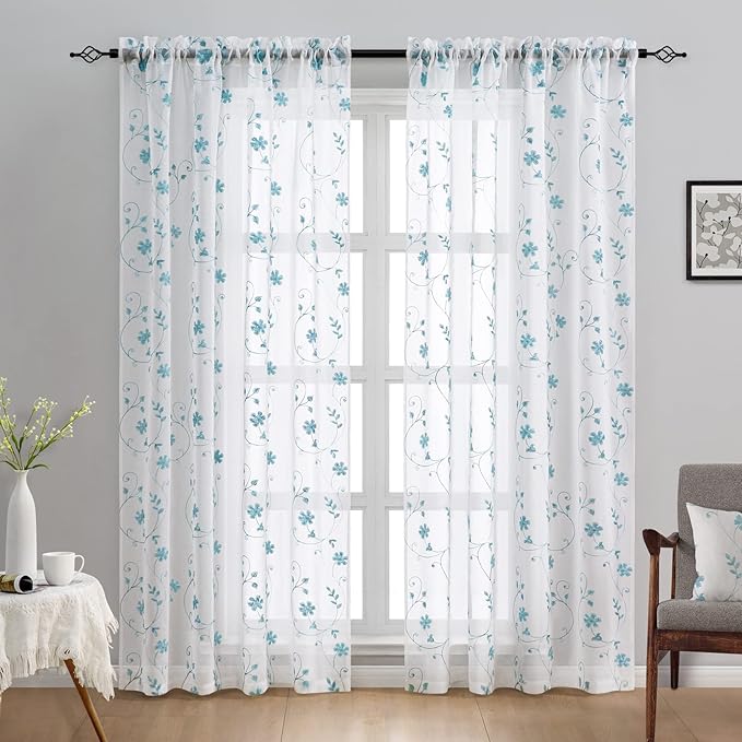 HOMEIDEAS White and Blue Embroidered Floral Sheer Curtains 96 Inches Long 2 Panels Flower Pattern Semi Sheer Window Curtains for Bedroom Living Room