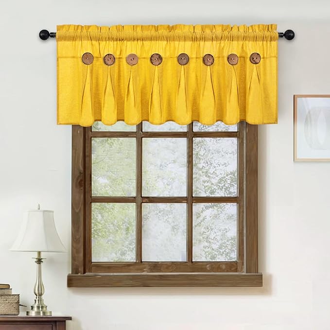 FRAMICS Farmhouse Valance Curtains, Boho Cotton Linen Kitchen Valance, Yellow Rustic Button Window Valances for Kitchen Bathroom, Country Rod Pocket Valances for Windows, Yellow, 52 x 18 Inch