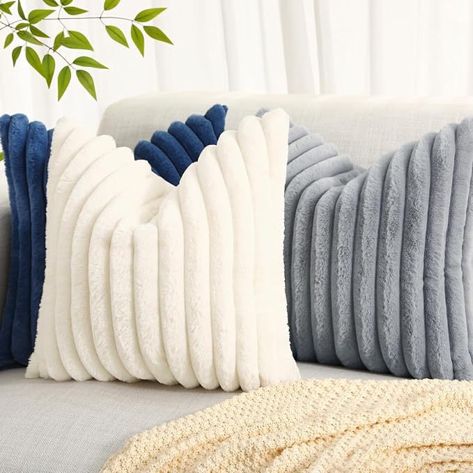 decorUhome Cozy Faux Fur Throw Pillow Covers 18x18 Set of 2 Decorative Soft Plush Striped Modern Farmhouse Boho Couch Pillow Cases with Velvet Back for Sofa Bed Living Room, Blue