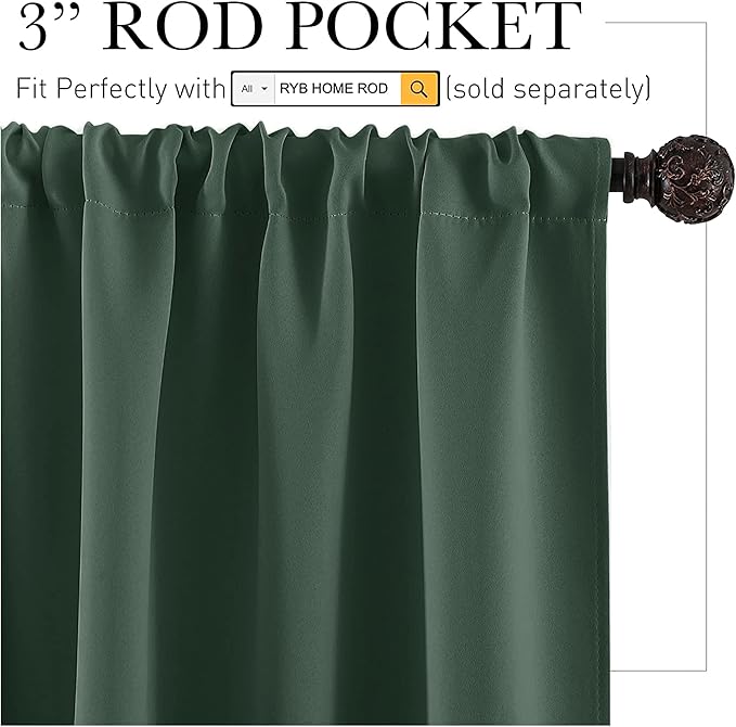 RYB HOME Blackout Curtains for Bedroom Living Room 63 inches Long, Thermal Insulated Privacy Rod Pocket Drapes for Nursery Office Home Theater, Width 34 by Length 63, Dark Green, 2 Panels