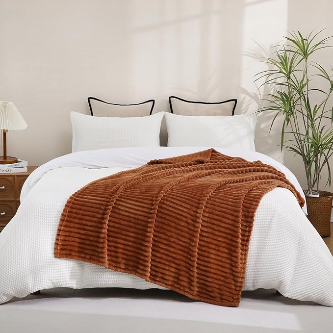 Burnt Orange Fleece Throw Blanket 50”×70” for Couch Sofa Bed,Super Soft Cozy Plush Microfiber Flannel Blanket with Stripes Design Lightweight for Adults,Woman,Girls