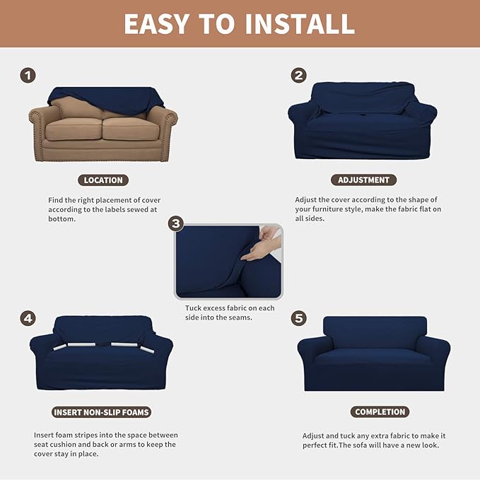Easy-Going 100% Waterproof Loveseat Couch Cover, Dual Waterproof Sofa Cover, Stretch Jacquard Sofa Slipcover, Leakproof Furniture Protector for Kids, Pets, Dog and Cat (Loveseat, Navy)