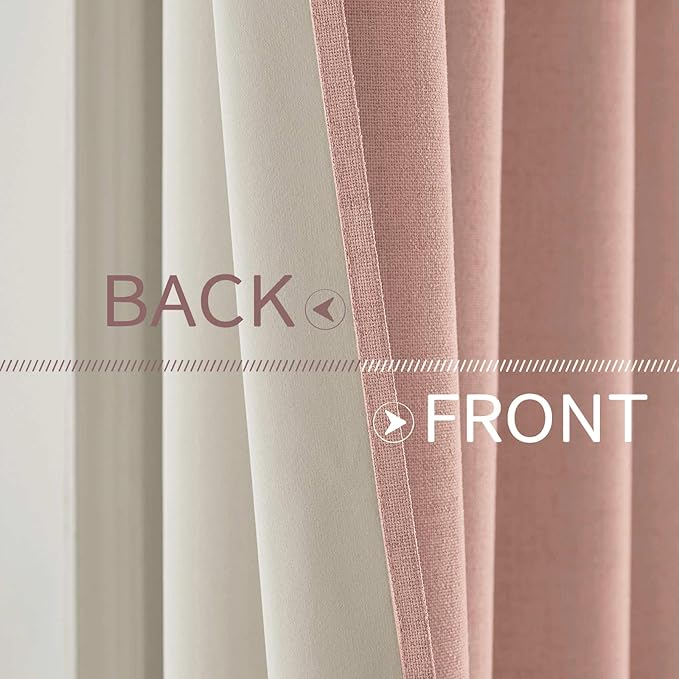 MIULEE Linen Curtains for Bedroom 100% Blackout Thermal Insulated Blush Pink Grommet Room Darkening Curtains & Drapes for Living Room Nursery 52 x 63 Inch (2 Panels)