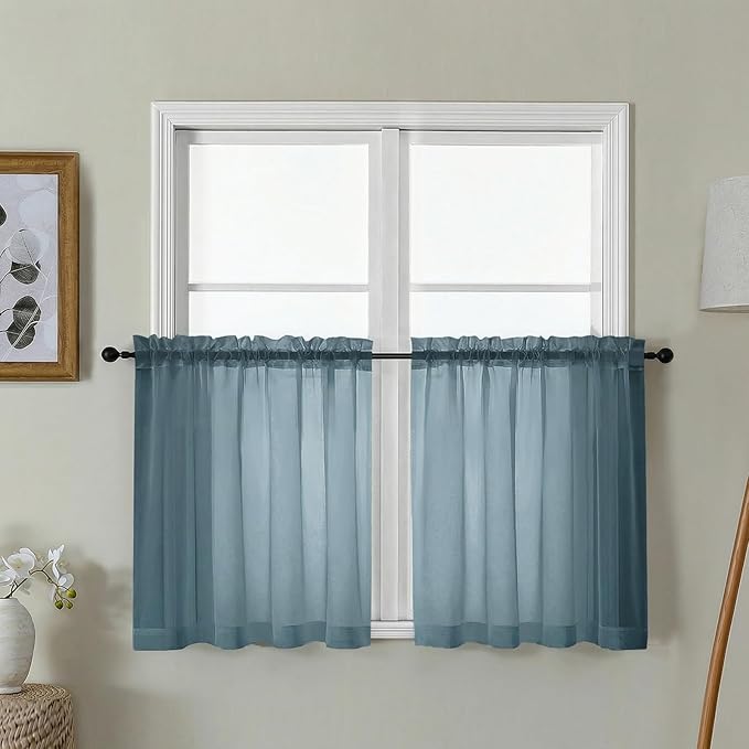 Gwine Short Kitchen Sheer Curtains 24 Inch Length - Light Filtering Voile Small Half Window Curtain for Basement, Rod Pocket Cafe Curtains for Bathroom Cabinet, 42Wx24L Inch, 2 Panels, Dusty Blue