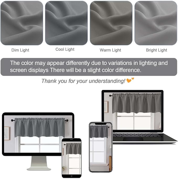 Chyhomenyc Blackout Valances for Windows, Short Window Valance Curtains for Living Room Bedroom Bathroom, Room Darkening Solid Privacy Small Kitchen Valances, 60Wx16L, 2 Pack, Light Grey