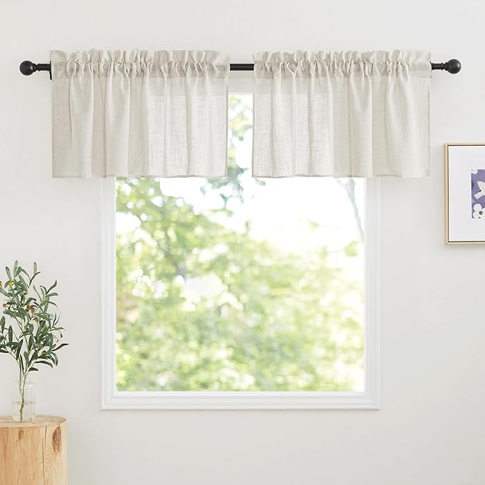 RYB HOME Semi Sheer Valances - Linen Textured Sheer Curtains Small Window Tiers Farmhouse Decor for Kitchen Bathroom Cafe Bedroom, Linen, Wide 52 x Long 18 inch, 2 Panels