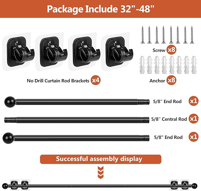 Curtain Rods No Drilling for Windows Set 30 to 45 Inch,5/8 Inch Diameter Drapey Pole with No Drill Curtain Rod Brackets,Renter Friendly Cortineros Para Ventanas with Adhesive Holder Hook (Black)
