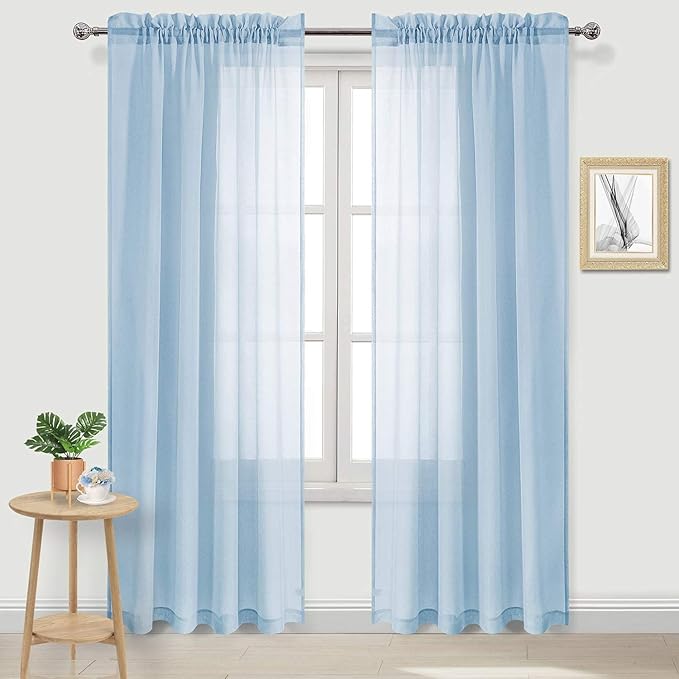 DWCN Sky Blue Sheer Curtains Semi Transparent Voile Rod Pocket Curtains for Bedroom and Living Room, 42 x 84 inches Long, Set of 2 Panels