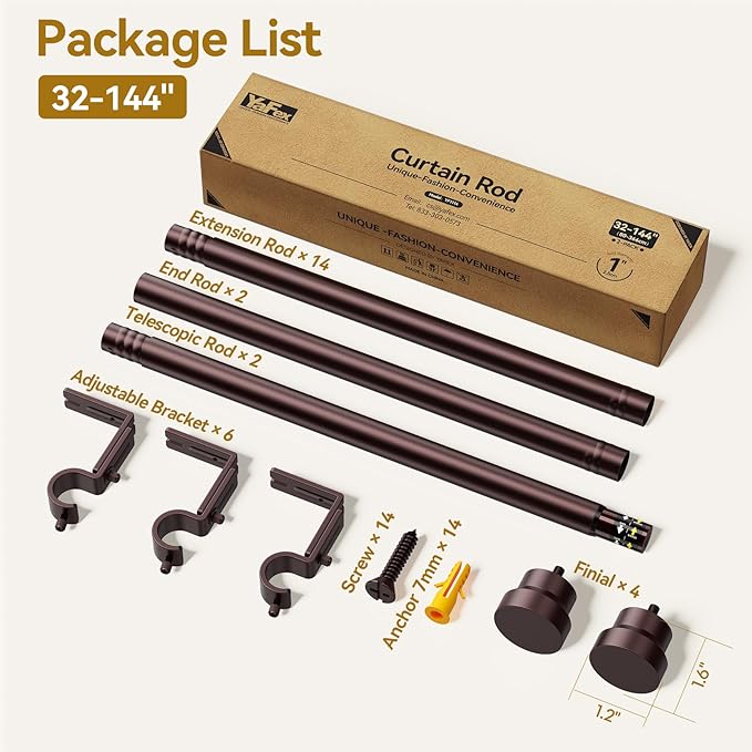 YaFex Curtain Rods 2 Pack 32-144 Inch, Heavy Duty 1 Inch Curtain Rod, Bronze Extra Long Adjustable Window Treatment Rods, Modern Design, Easy Installation
