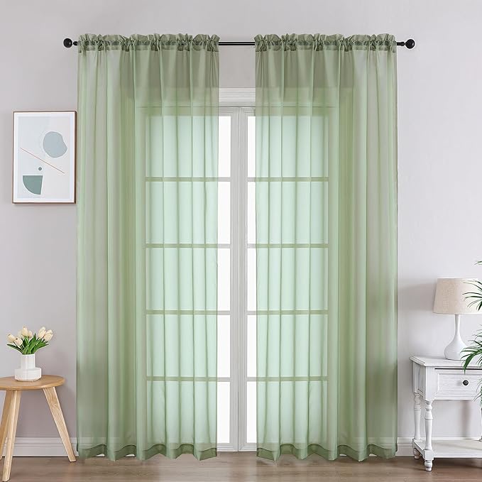 Gwine Sage Green Sheer Curtains 84 Inches Long 2 Panels Set, Light Filtering Sheer Curtains for Living Room Bedroom 59 Inch Extra Wide, Modern Voile Soft Airy Rod Pocket Drapes, 59Wx84L Inch, 2PCS