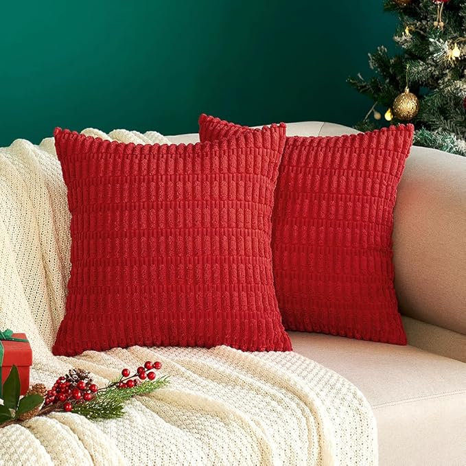MIULEE Pack of 2 Red Corduroy Decorative Euro Sham Pillow Covers 24x24 Inch Soft Boho Striped Throw Pillow Covers Modern Farmhouse Home Decor for Sofa Living Room Couch Bed