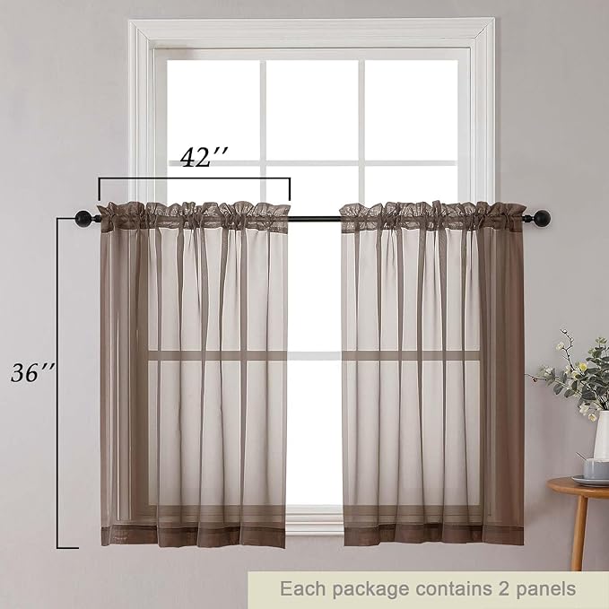 Cafe Curtains 36 Inch Length Tier 2 Pieces, Modern Soft Airy Sheer Kitchen Short Curtains for Small Window, Rod Pocket Small Curtain for Bathroom Basement, Chocolate, Each, 42"Wx36"L Inches