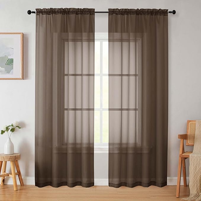 Chocolate Sheer Curtains 84 Inches Long 2 Panels, Soft Light Filtering Curtains for Bedroom Living Room, Modern Rod Pocket Privacy Drapes Window Treatments, Chocolate, Total Wide 84 Inch