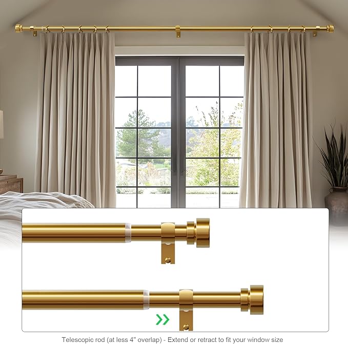 Lootkell 2 Pack Gold Curtain Rods Set for Windows 28 to 48 Heavy Duty 1" Diameter Adjustable Window Single Rods with Solid Metal Finials for Bedroom Living Room Kitchen Farmhouse