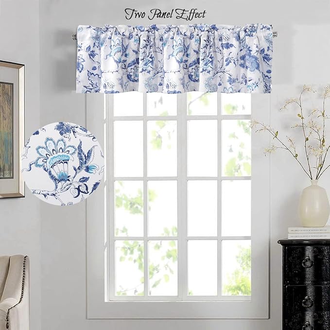 H.VERSAILTEX Blackout Curtain Valances for Kitchen Window/Living Room/Bathroom Privacy Added Rod Pocket Home Decoration Winow Valance, 52" W x 18" L, Flroal in Blue and White (Pack of 4)