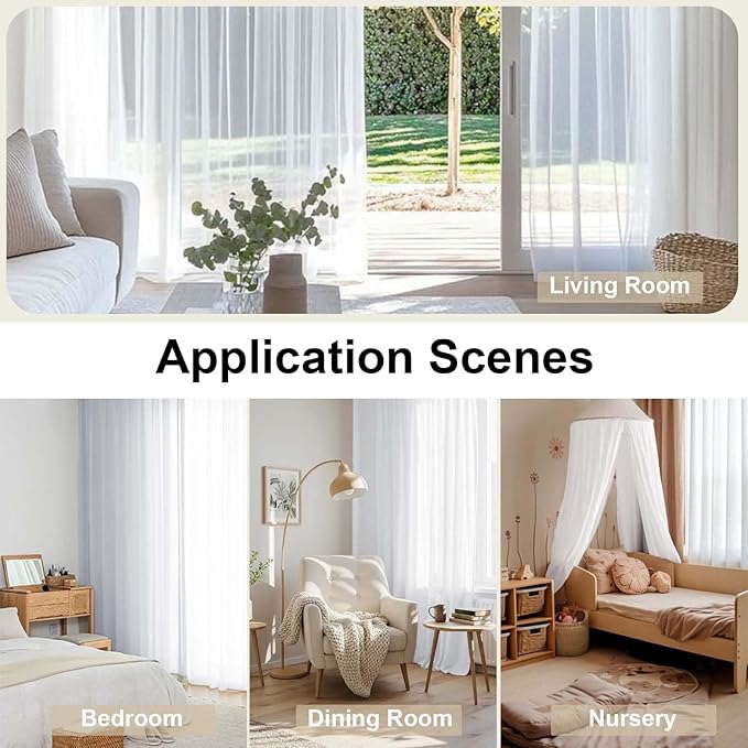 OWENIE Sheer Curtain, 120 Inches Long, White, Rod Pocket, Polyester, 2 Panels, for Living Room and Bedroom
