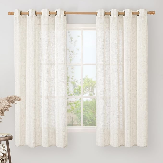 LAMIT 68 Inch Length Linen Curtains for Bedroom 2 Panels, Cream Light Filtering Semi Sheer Drapes Bronze Grommet Boho Window Treatment Panels for Living Room/Sliding Glass Door, 52 x 68 Inch