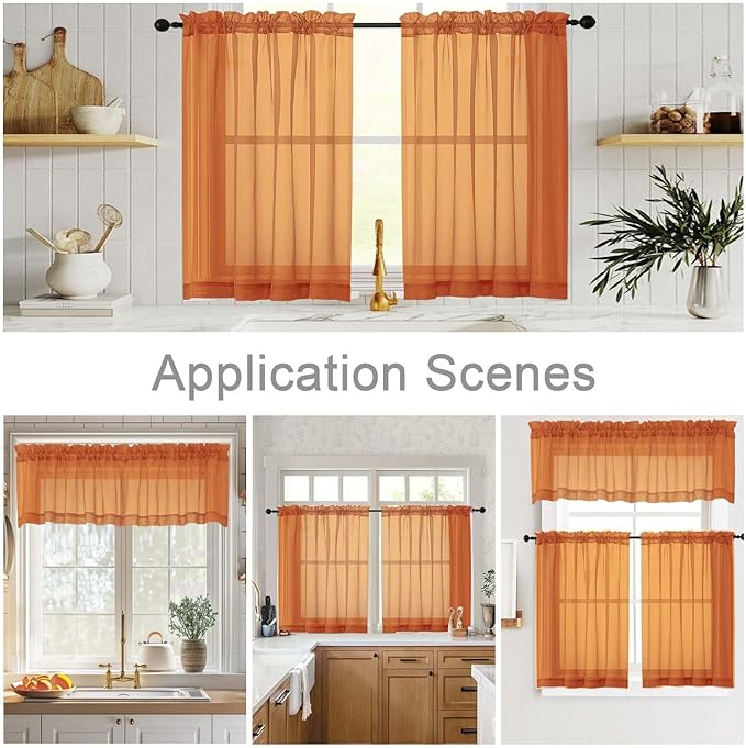 Orange Kitchen Curtains 30 Inch Length Tier 2 PCS, Solid Soft Airy Half Curtains for Windows, Orange Sheer Rod Pocket Drapes for Bathroom Basement Small Window Curtain, 42" Wx30 L Inches