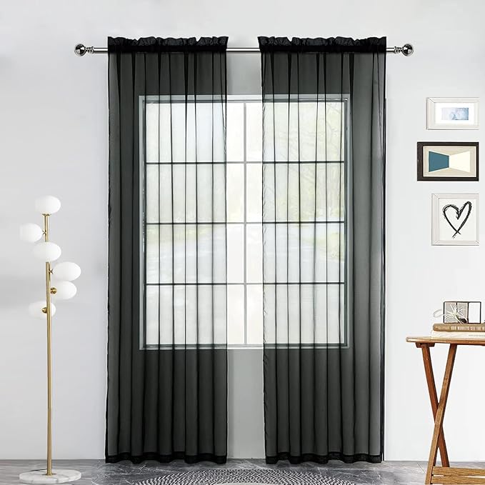 youleyar Solid Sheer Rod Pocket Curtain Voile Draperies 2 Panels White Beige Black Grey Coffee 52 Inch Width 96 Inch Long 1 Pair for Kitchen Bedroom Children Living Room Yard(Black,52Wｘ96L)