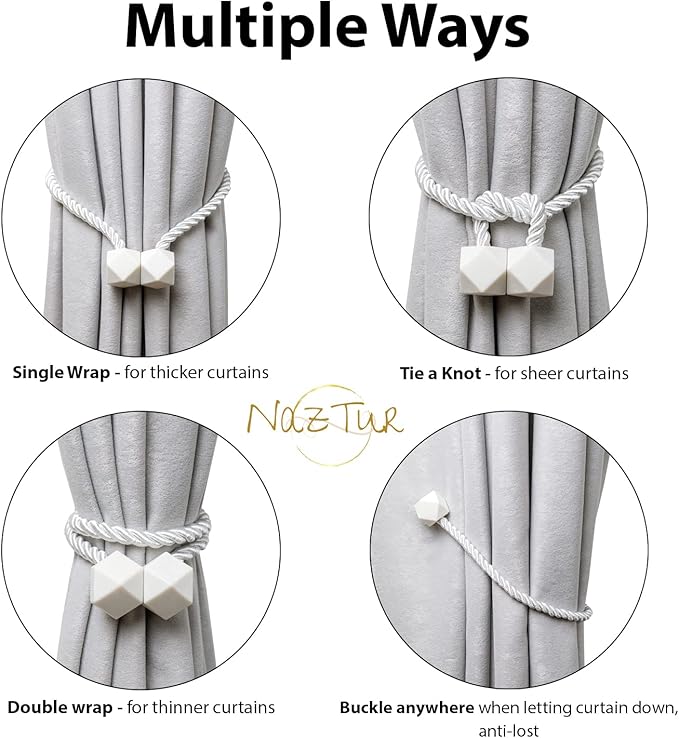 NazTur Magnetic Curtain Tiebacks- Upgrade 2022 with a Thicker Twist Rope & Strong Magnet Tieback Window Treatment Holdbacks Draperies Holders Decorative Drape Handmade Tie Back (White, 4)