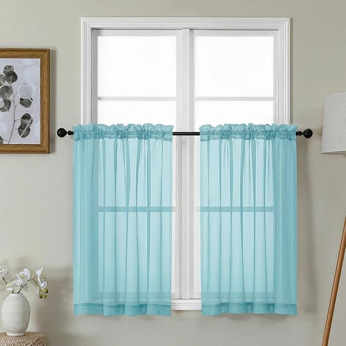 Gwine Short Kitchen Sheer Curtains 36 Inch Length - Light Filtering Voile Small Half Window Curtain for Basement, Rod Pocket Cafe Curtains for Bathroom Cabinet, 42Wx36L Inch, 2 Panels, Aqua