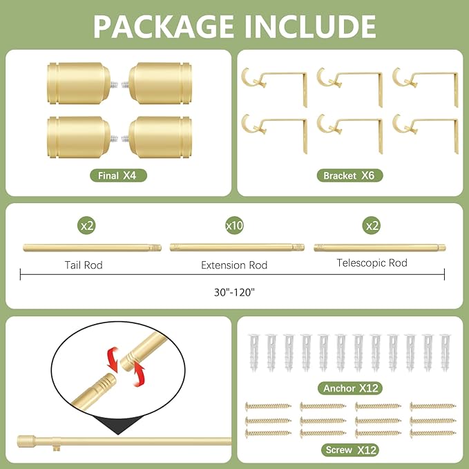 5/8” Diameter Curtain Rods 30-120 Inch, for 30-114 Inch Windows, Adjustable Splicing Gold Curtain Rods for Windows with Brackets, Window Rod Long Small Curtains Rod, 2 Pack