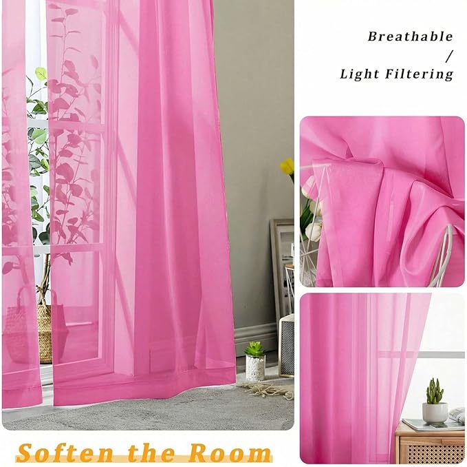 Gwine Sheer Curtains 72 Inch Length - Light Filtering Rod Pocket Window Curtain Panels for Bedroom, Elegant Soft Voile Living Room Sheer Drapes, Each 42Wx72L, 2 Panels, Hot Pink