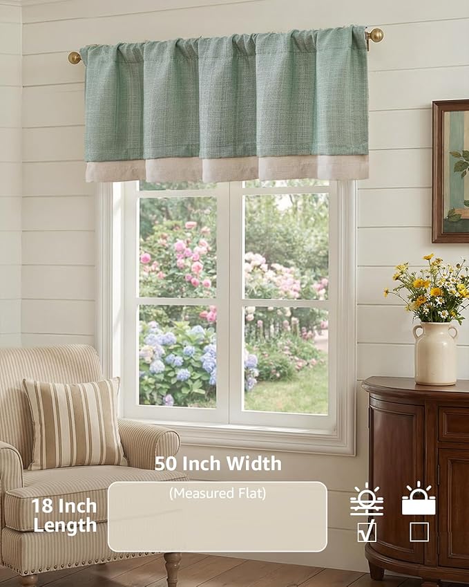 jinchan Curtain Light Filtering Kitchen for Living Room Bedroom Small Windows Valance 18 Inch Double Layer Farmhouse Window Rustic Overlay Rod Pocket 1 Panel Green