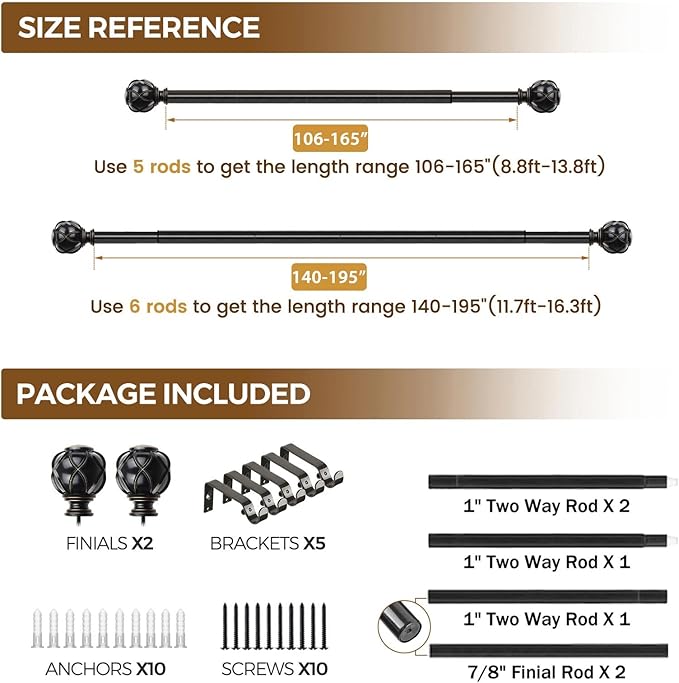 KAMANINA 1 Inch Extra Long Curtain Rod 140 to 195 Inches Black Heavy Duty Curtain Rods for Windows 120 to 170 Inch, Adjustable Drapery Rods with Netted Texture Finials