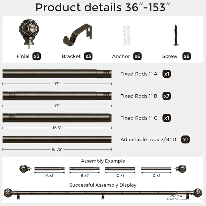 Long Bronze Curtain Rod, Heavy Duty 1 Inch Decorative Curtain Rods for Windows 72 to 144 Inch, Single-Side Adjustable Vintage Rustic Antique Brown Drapery Pole with Netted Texture Finials