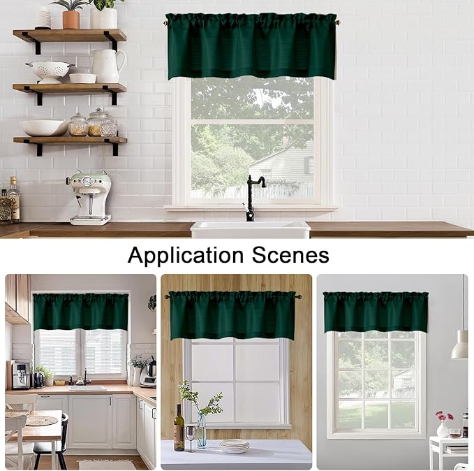 Chyhomenyc Hunter Green Short Curtain Valance for Windows, Faux Linen Textured Half Window Curtains, Burlap Solid Topper Small Curtain Valance for Bathroom Laundry Basement, 60Wx18L Inch, 1 Piece