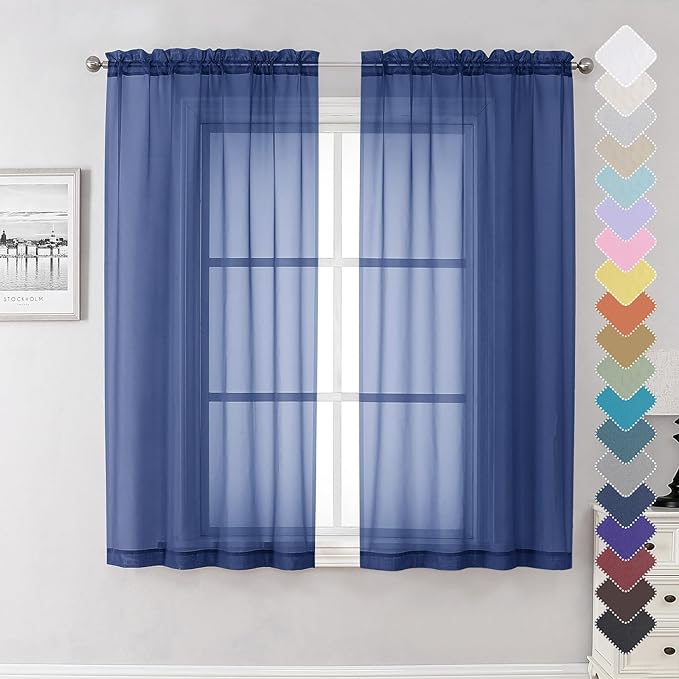 Lecloud Royal Blue Sheer Curtains 63 Inch Length 2 Panels Set, Voile Solid Window Curtains for Bedroom Light Filtering Living Room Curtain Drapes with Rod Pocket, Each Panel 42 X 63 Inch