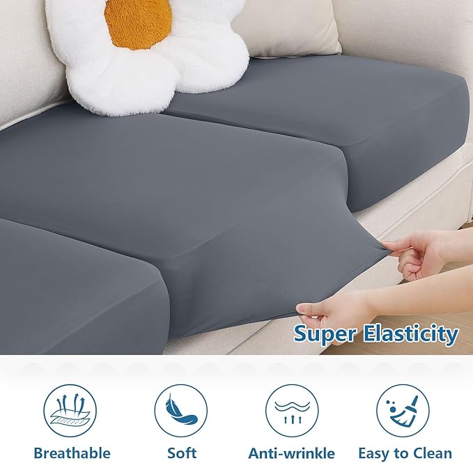 hyha Milk Silk Couch Cushion Covers, Soft Magic Sofa Covers Washable for 3 Cushion Couch, Stretch Sectional Outdoor Cushion Covers for Patio Furniture with Elastic Bottom(3 Packs, Dark Gray)