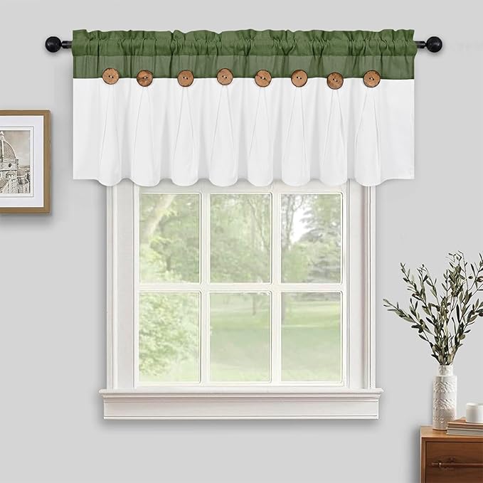 FRAMICS Farmhouse Valance Curtains, Boho Cotton Linen Kitchen Valance, Rustic Button Window Valances for Kitchen Bathroom, Rod Pocket Valances for Windows, Olive Green and White, 52 x 18 Inch