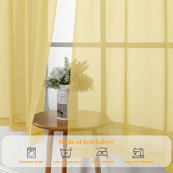 Gwine Extra Long Sheer Curtains 108 Inches Long - Light Filtering Rod Pocket Window Curtain Panels for Bedroom, Elegant Soft Voile Living Room Sheer Drapes, Each 42Wx108L, 9FT, 2 Panels, Yellow